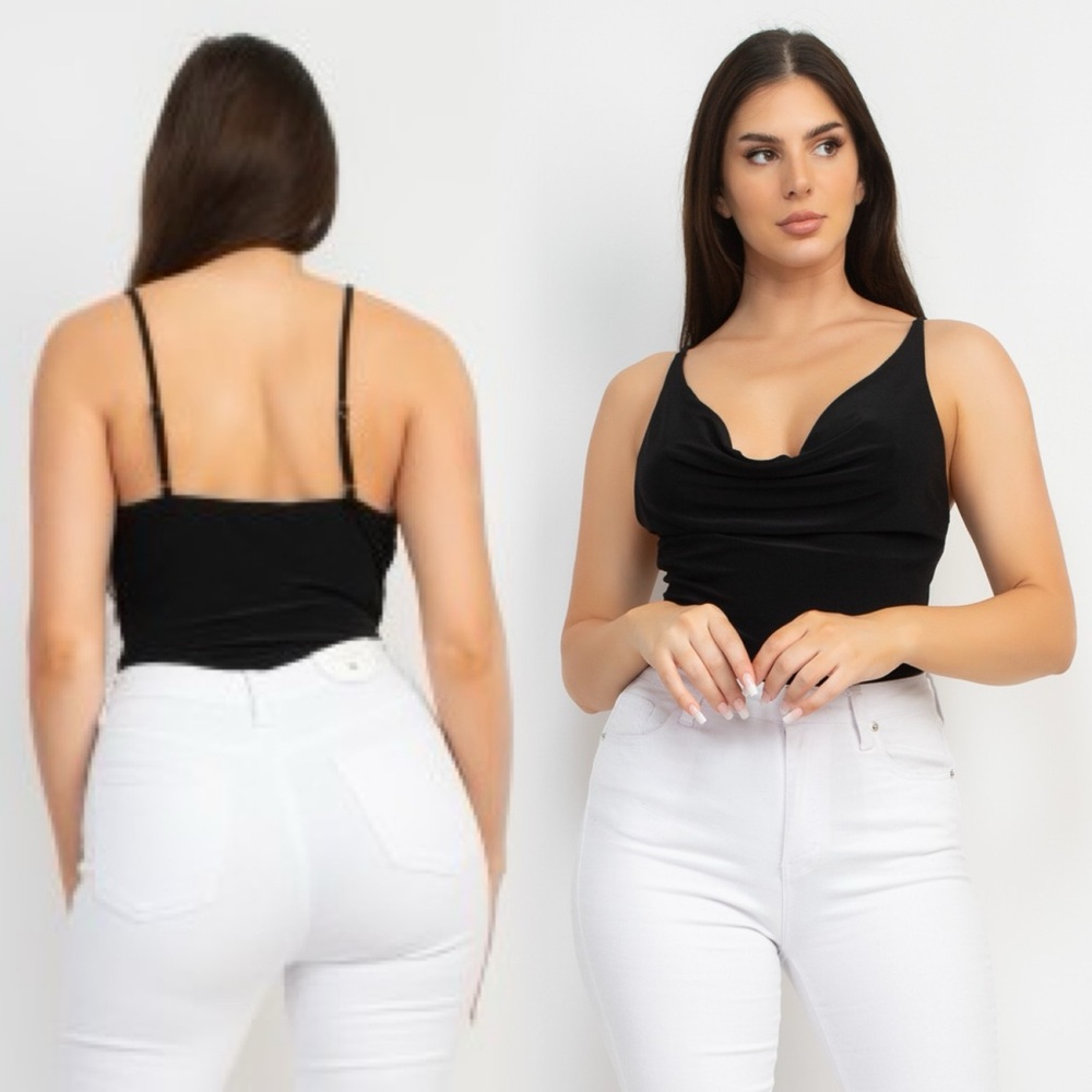 Black draped silky polyester bodysuit classy chic - Picture 3 of 9